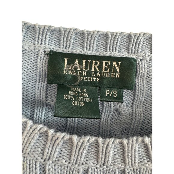 Lauren Ralph Lauren Petite Light Blue Cable Knit Sweater P/S 100% Cotton Crew Ne - Picture 3 of 5